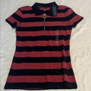 Tommy Hilfiger Red and Black Striped Polo with Zipper